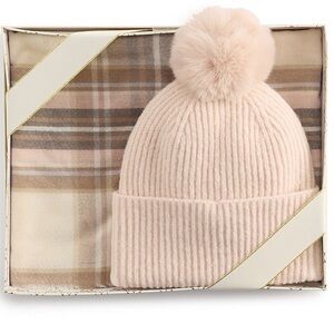 NWT Women's Nine West Classic Plaid Scarf & Solid Pompom Beanie Boxed Set
